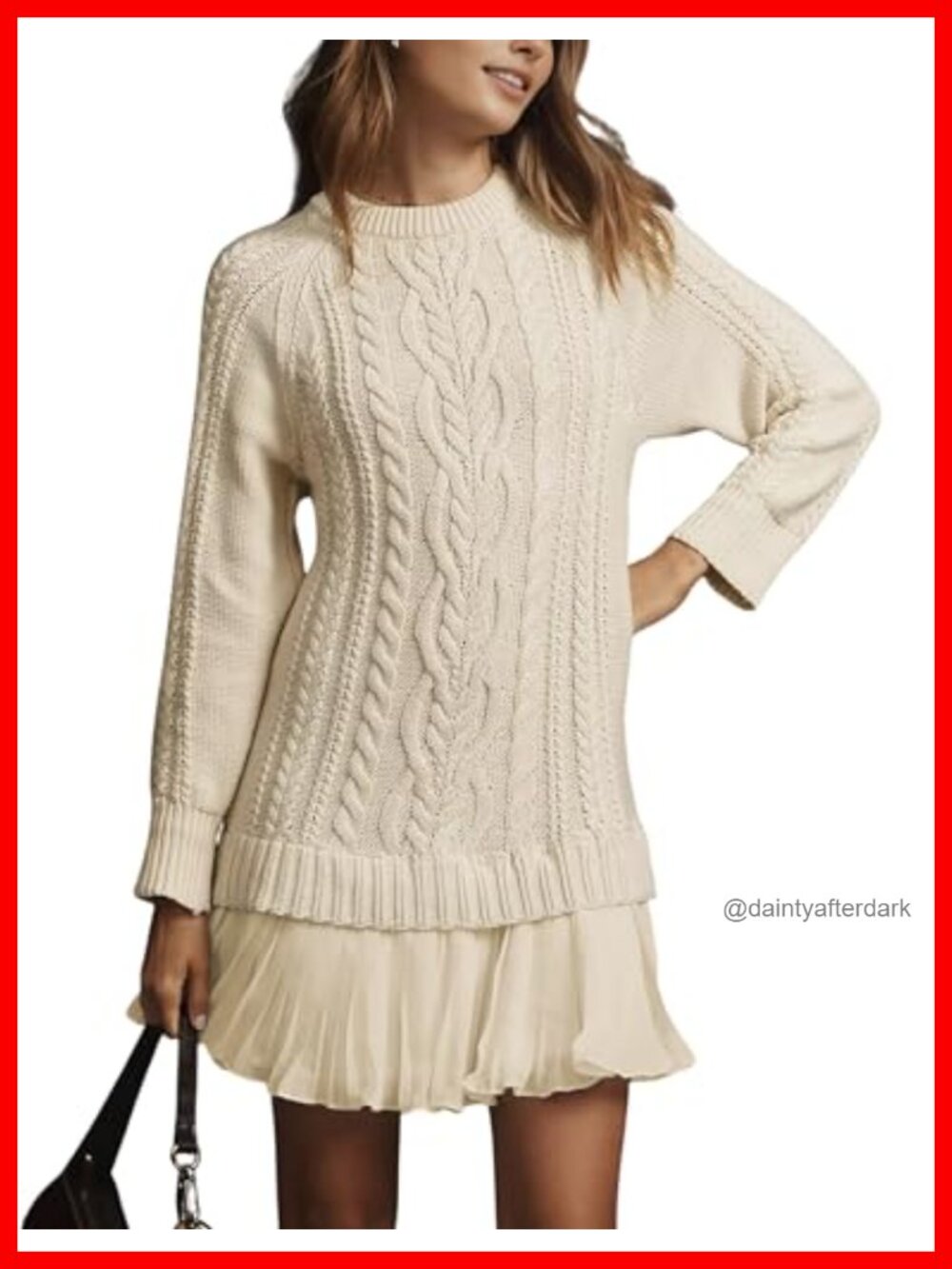 Cable Knit Sweater Mini Dress Crewneck Long Sleeve Pleated Twofer